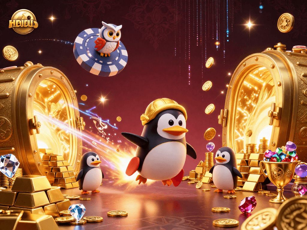 Experience thrilling gameplay at Hit club with a vibrant casino scene featuring a golden penguin and shimmering treasures.