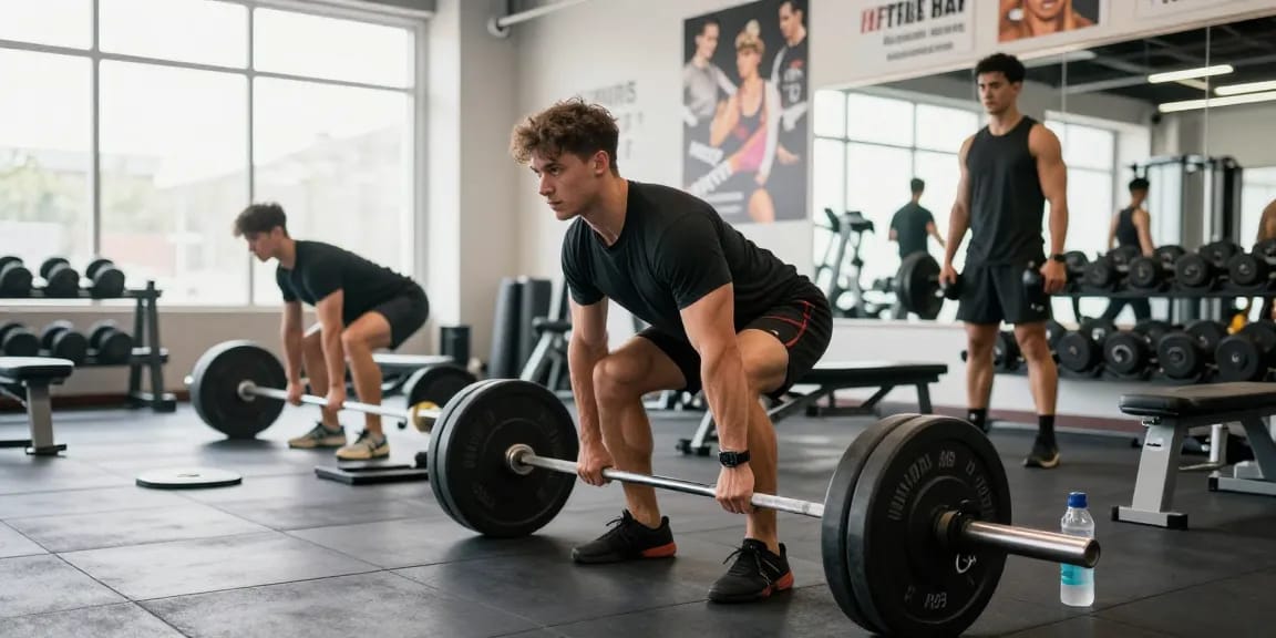 Prime Pharma Steroiden training scene, bodybuilder lifting weights in a vibrant gym