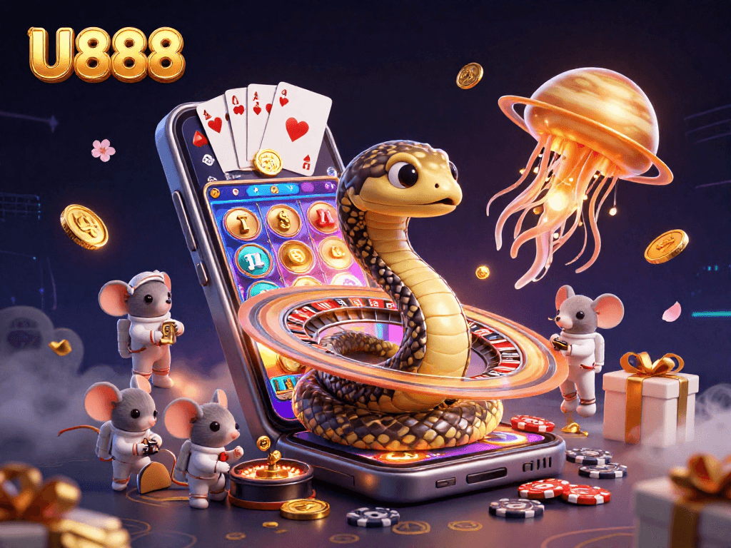 Experience U 888's thrilling cosmic casino scene with astronauts betting across Saturn's rings.