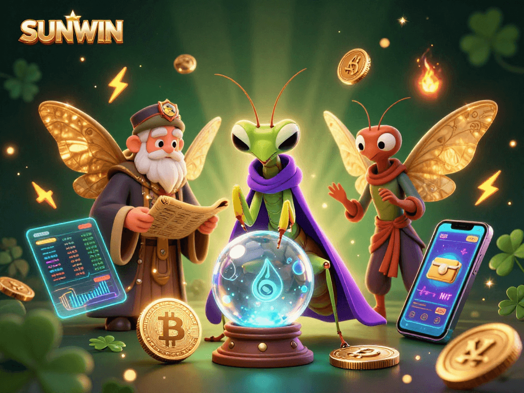 Experience thrills at SUNWIN with a vibrant casino scene featuring magical characters and crypto elements.