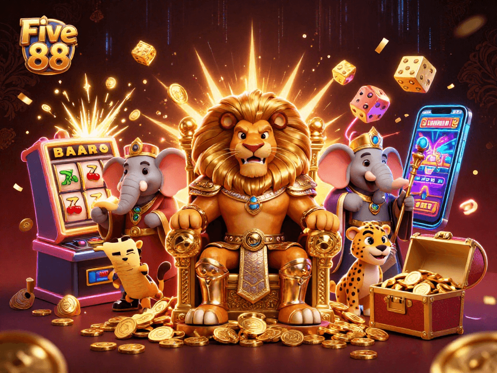 Spin and win at Five 88 with a cartoon lion king, jackpot slots, and colorful casino games!