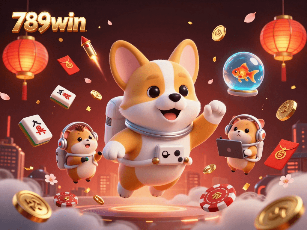 Experience thrilling fun with 789win as the astronaut corgi floats in a vibrant casino atmosphere.