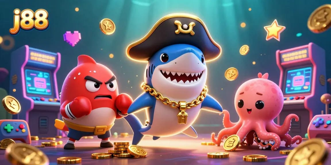 j88 shows a vibrant gambling scene with a pirate shark, pufferfish, and octopus themed around casino gaming