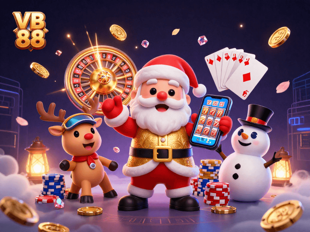 Win big with VB 88 in this vibrant casino scene featuring Santa, a reindeer dealer, and a poker chip snowman.