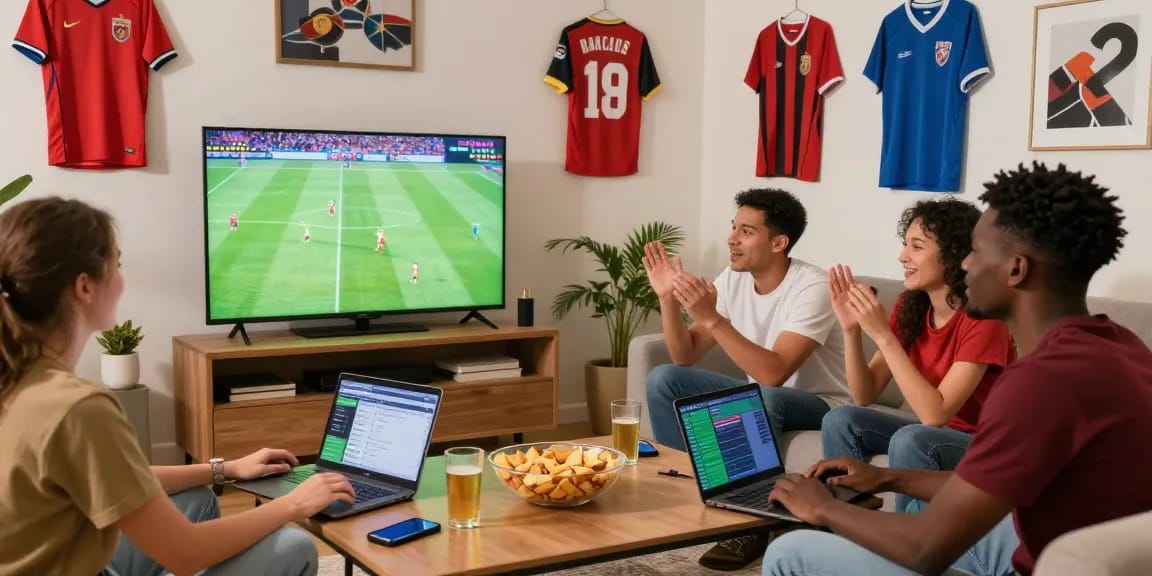 Teman-teman menikmati taruhan bola sambil menonton pertandingan sepak bola secara langsung di rumah.