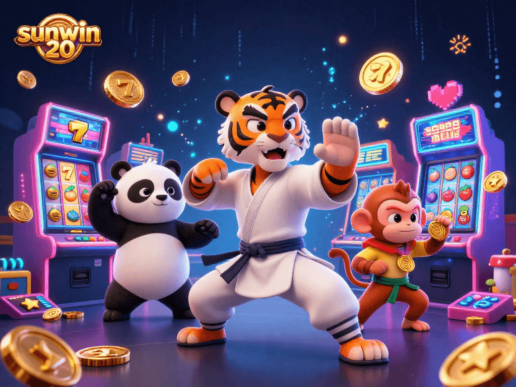 Engage with sunwin 20 at a vibrant casino adventure featuring a kung fu tiger and students.