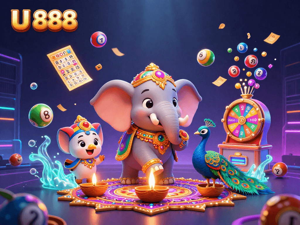 Bet and win big with U 888 in this vibrant casino-themed 3D illustration featuring dynamic lottery elements.