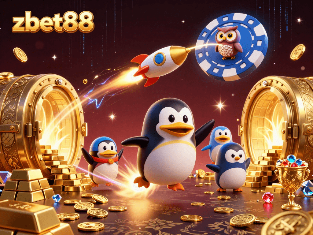 Experience thrilling gameplay with zbet88 as a golden penguin navigates a vibrant casino universe.