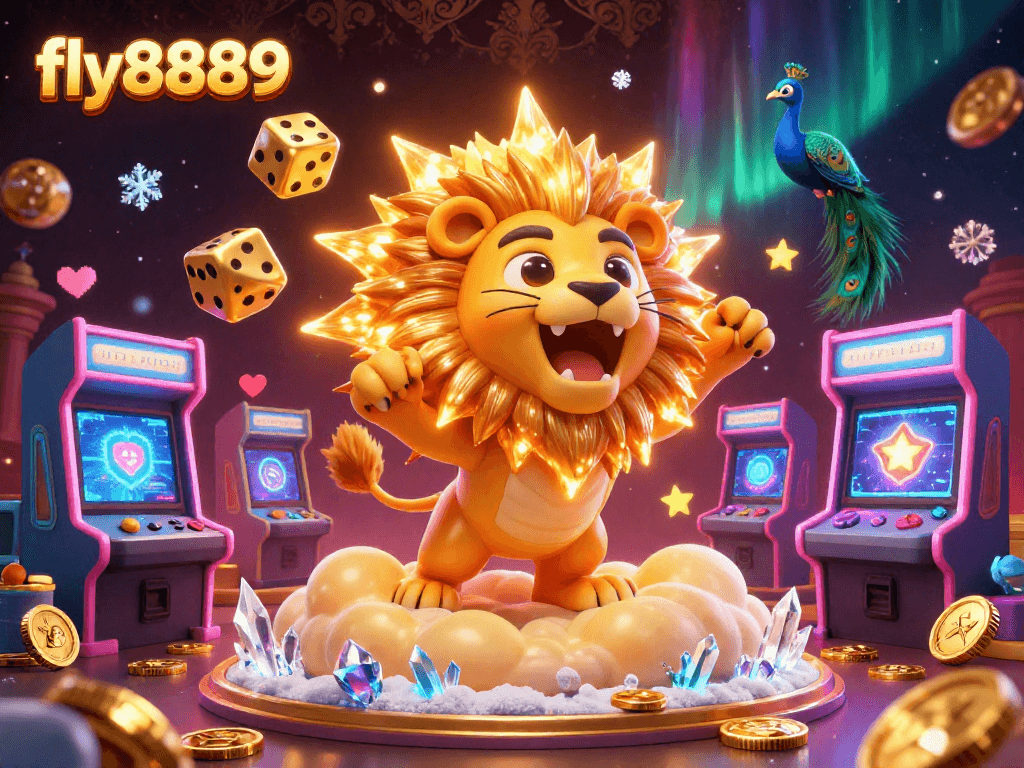 Engage with fly8889 as the vibrant lion roars amidst colorful casino elements for an exciting gaming experience.