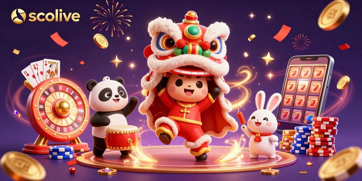 Experience the thrill of socolive as the lion dancers celebrate with rich casino elements, sparkling gems, and vibrant energy.