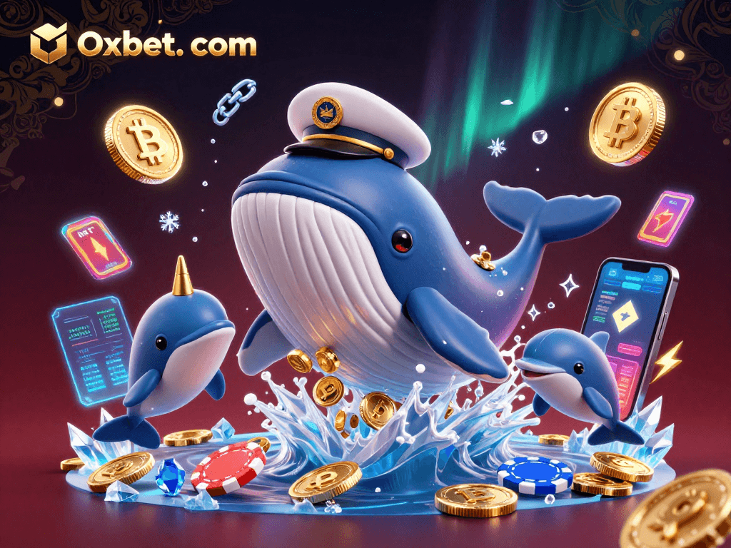 Experience thrilling moments with Oxbet. com in this vibrant 3D casino illustration featuring giant characters and crypto coins.