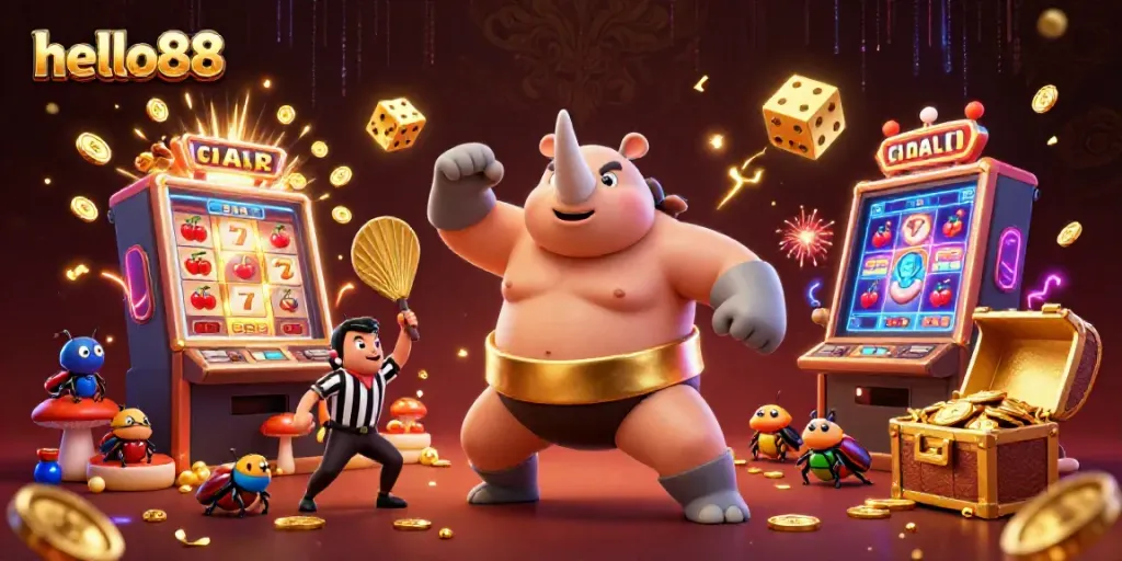 Engaging illustration of hello88 featuring a charismatic sumo beetle amidst a jackpot explosion, brimming with colorful casino elements.