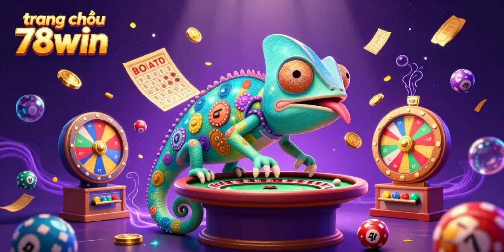 Experience the vibrant excitement of trang chủ 78win, featuring a colorful chameleon casino owner capturing golden coins.