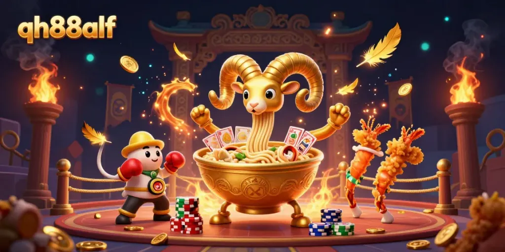 Engage with qh88alf through a vibrant casino illustrated scene featuring a golden ramen bowl and lively characters.