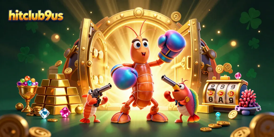 Hitclub9us showcases a vibrant casino scene with cartoon shrimp amidst a treasure vault, enhancing your winning experience.