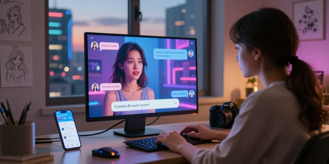Interactive AI nsfw chat scene with personalized character visuals, warm ambient lighting.