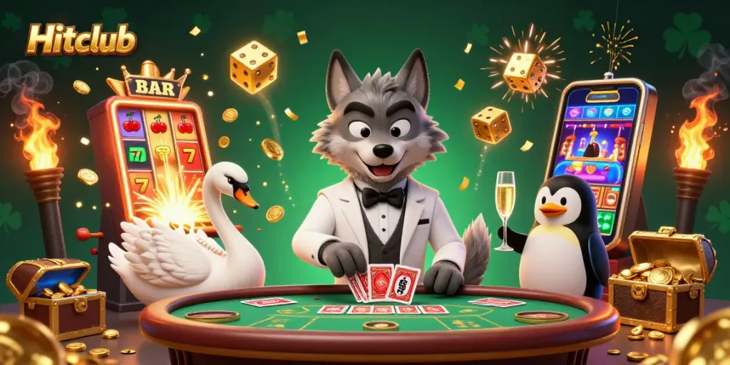 Experience the thrill of gaming at Hitclub with this vibrant casino illustration featuring lively characters and jackpot excitement.