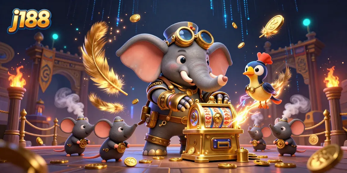 Spin to win at j188 with a steampunk elephant engineer operating a golden slot machine.