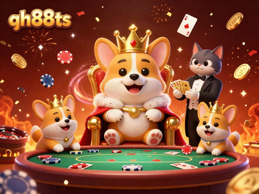 Experience the excitement of qh88ts with a royal corgi on a poker chip throne amidst a vibrant casino atmosphere.