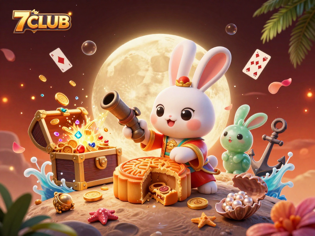 Engage in thrilling action at 7CLUB as the moon rabbit reveals poker chips emerging from mooncakes.