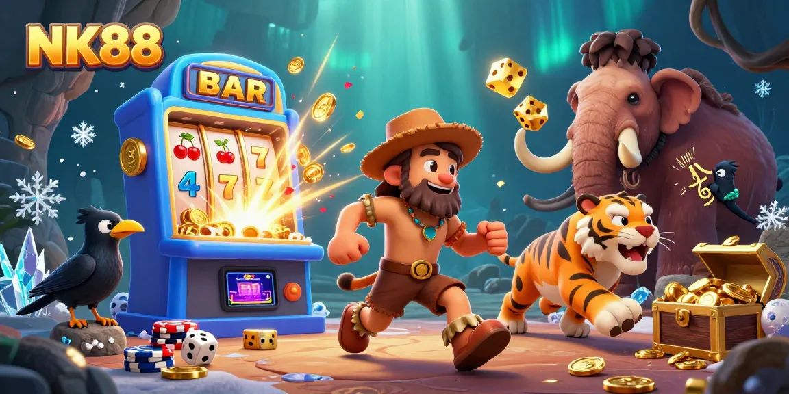 Experience NK88 in an exciting prehistoric casino scene with vibrant gaming elements and characters.