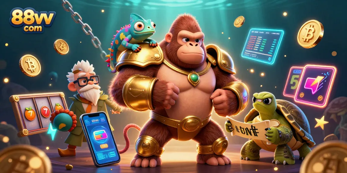 Experience thrilling gaming action with 88vv com, showcasing a powerful gorilla king amidst slot reels and crypto coins.