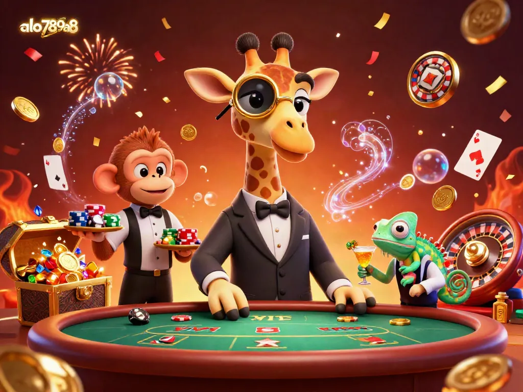 Experience the thrilling world of alo789a8 with a vibrant 3D casino scene featuring a high-roller giraffe and playful monkey valet.