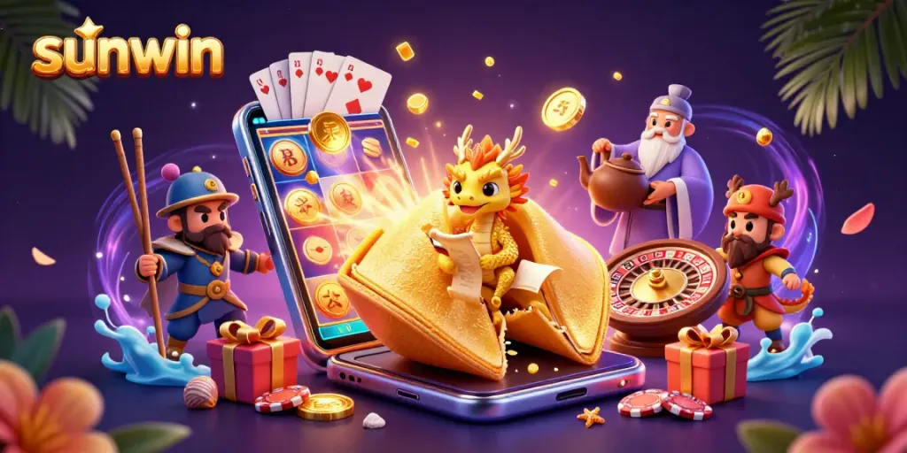 Spin the reels of sunwin's vibrant casino games with golden fortune cookie characters and dynamic elements.