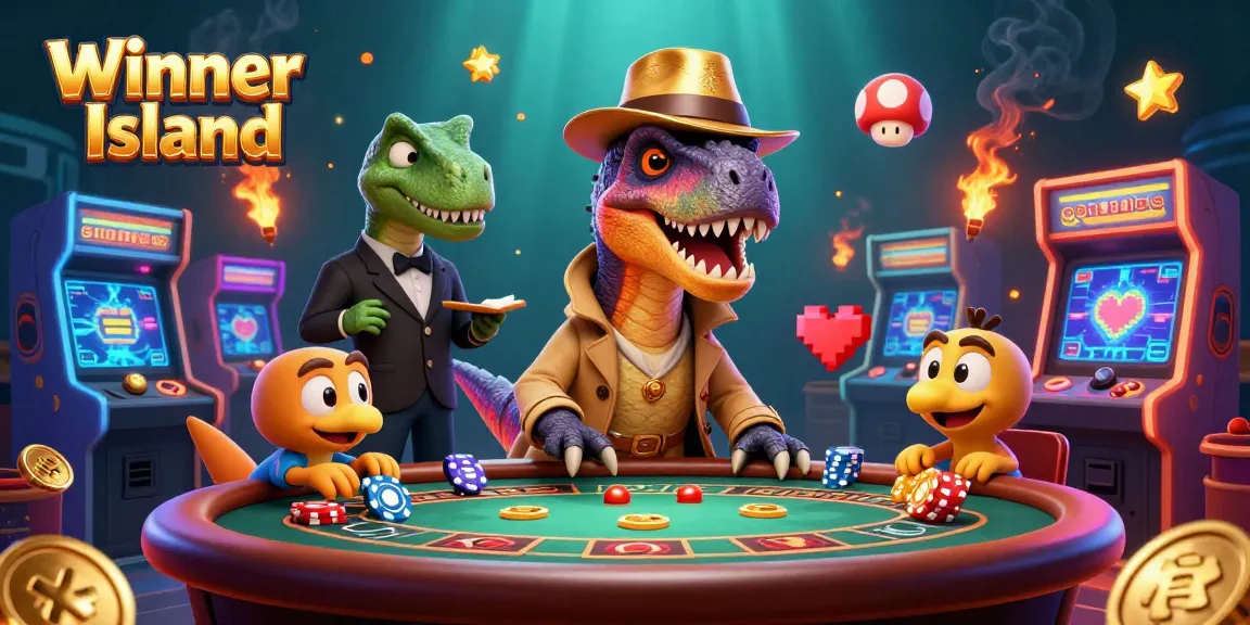 Experience excitement at Winner Island with a cartoon velociraptor playing blackjack, surrounded by colorful gaming elements.