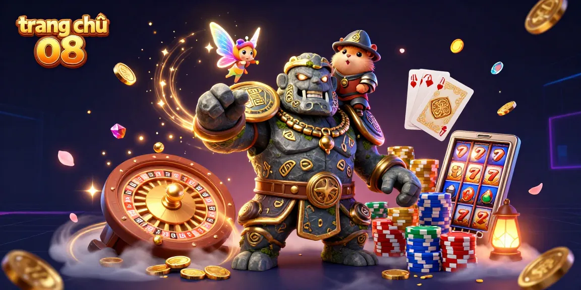Engage in exciting adventures on trang chủ o8 with a magical scene of a golem and friends amidst golden coins and casino elements.