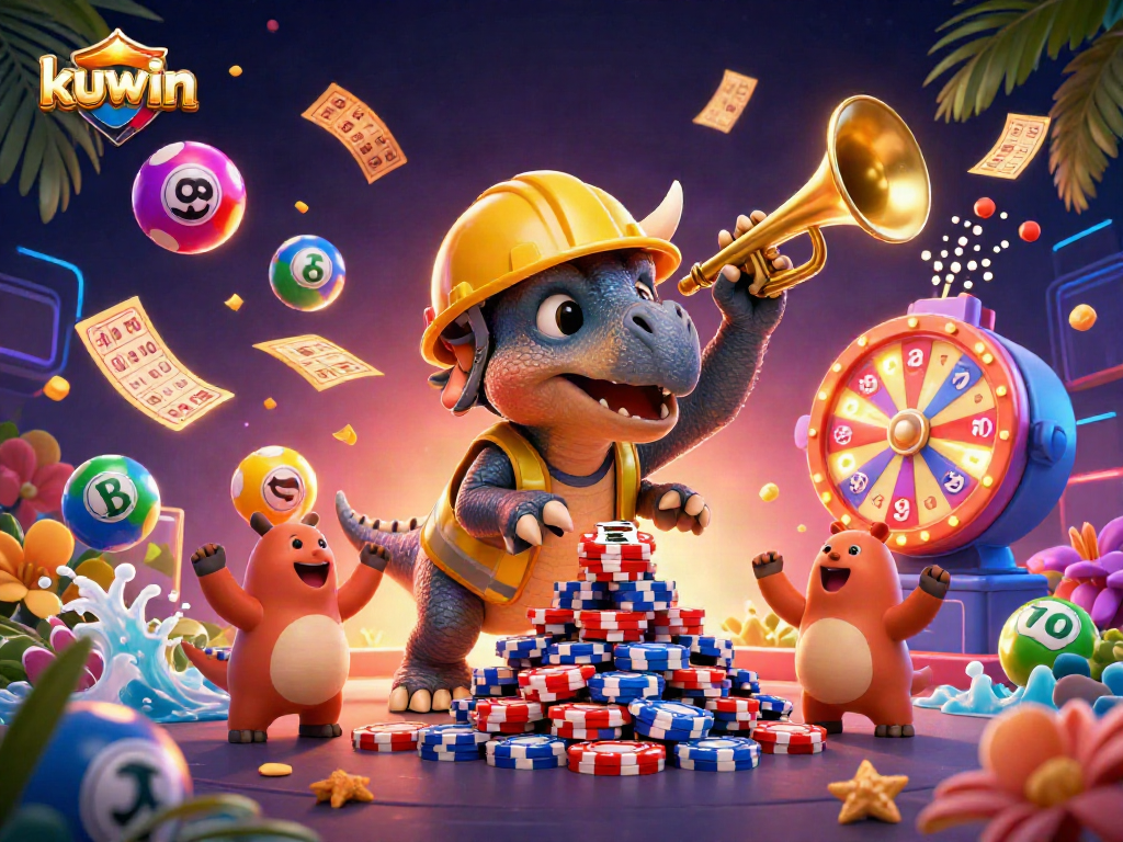 Kuwin's vibrant 3D casino scene showcases a triceratops and a parasaurolophus celebrating with games and prizes.