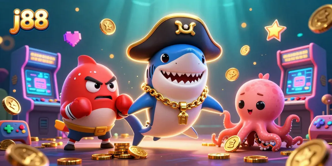 j88 shows a vibrant gambling scene with a pirate shark, pufferfish, and octopus themed around casino gaming