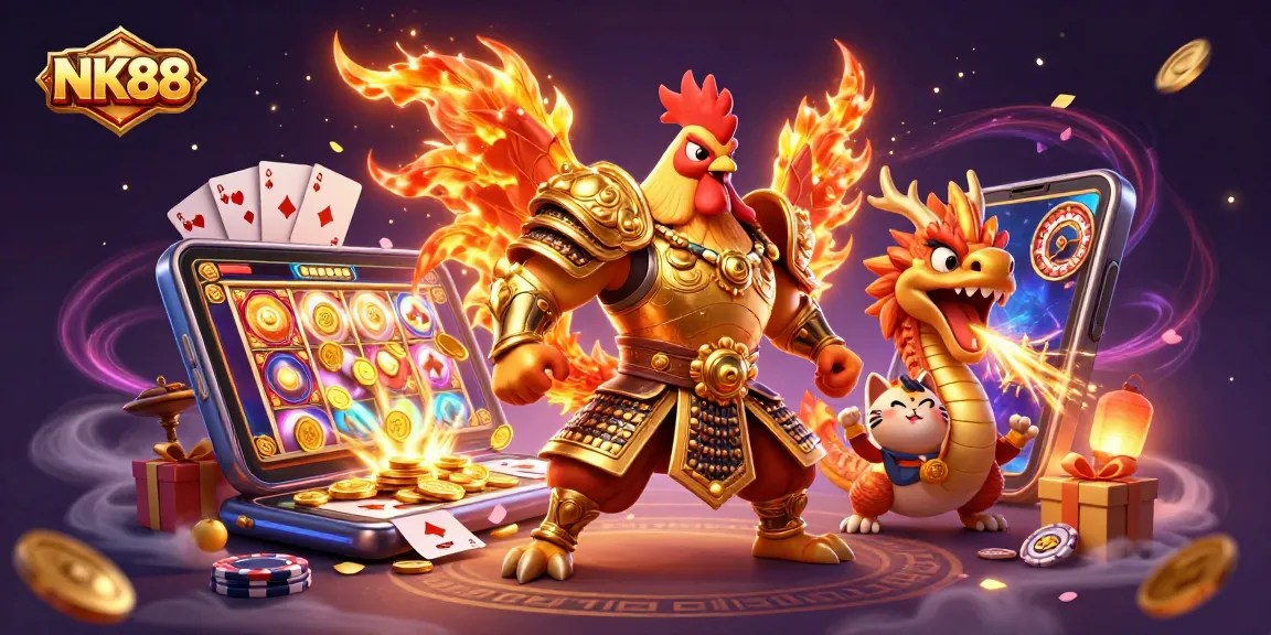 Experience thrilling slots and jackpots with NK88's vibrant gaming elements and characters.