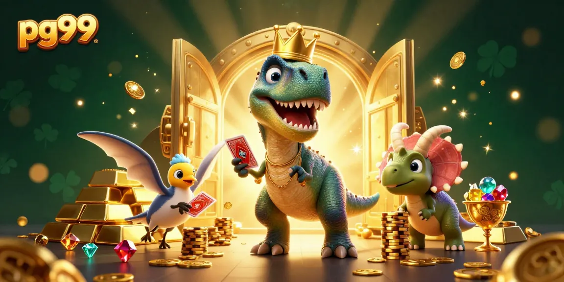 Join PG99's thrilling gaming adventure with dinosaurs, treasures, and vibrant casino elements.