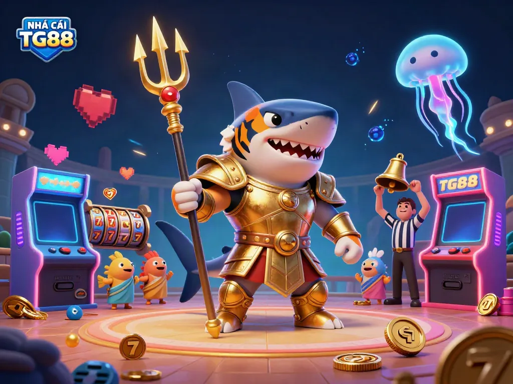 Experience the excitement at NHÀ CÁI TG88 with a thrilling underwater casino scene featuring a tiger shark and arcade game elements!