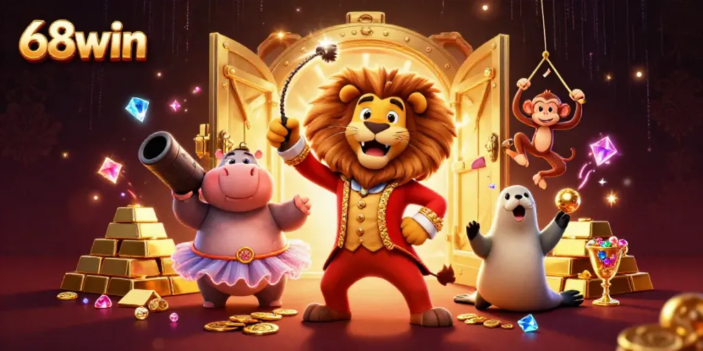 Engage in thrilling adventures at 68win, featuring a vibrant circus scene filled with excitement and treasures.