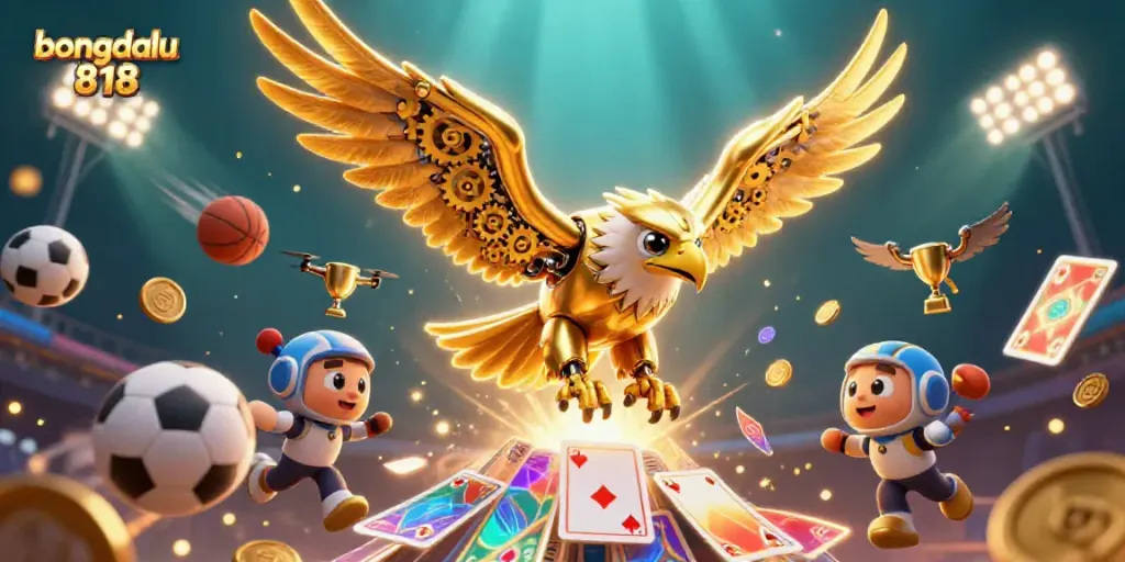 Watch the dynamic scene featuring a cybernetic golden eagle and sports elements, highlighting bongdalu 818.