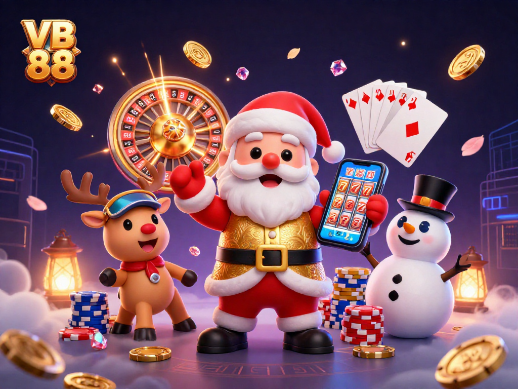 Win big with VB 88 in this vibrant casino scene featuring Santa, a reindeer dealer, and a poker chip snowman.