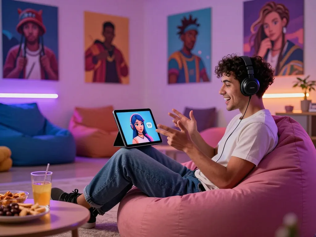 Person engaging in lively chat with a virtual 18+ ai character in a cozy digital lounge setting.