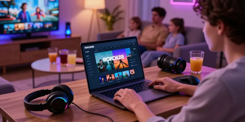 Explore the ROKOK88 platform as a user enjoys a seamless digital entertainment experience with vibrant accessories.