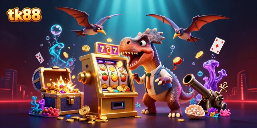tk88 jackpot celebration with dinosaurs winning coins in a vibrant casino scene.