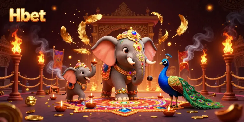 Experience the vibrant Hbet gaming atmosphere with a 3D elephant and decorative peacock in a lively casino setting.