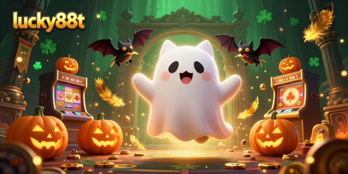 Experience an enchanting scene at lucky88t featuring a ghost cat and vampire bat in a vibrant casino adventure.