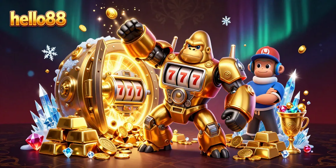 Win big with hello88 in this action-packed 3D casino scene featuring vibrant slot machine elements.