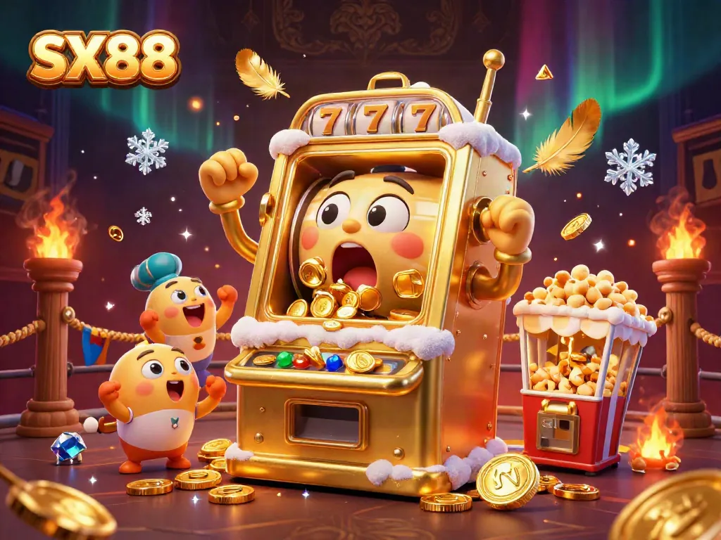 SX88 slot machine hits a jackpot, surrounded by cheering mini machines and golden coins, showcasing a lively casino atmosphere
