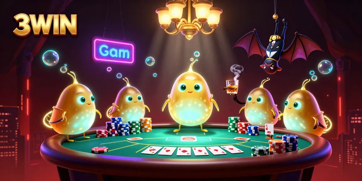 3WIN glowworms light up a vibrant poker scene with a bat dealer, creating a captivating casino atmosphere.