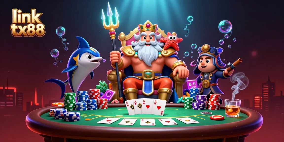 Experience thrilling gameplay with link tx88 as Neptune and friends play poker amidst vibrant underwater scenes.