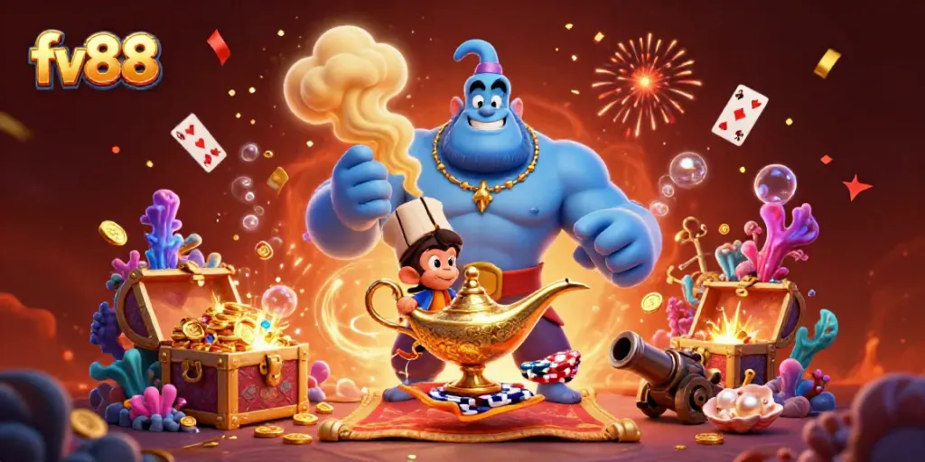 Experience excitement with fv88's dynamic gaming scene featuring a genie and treasure.