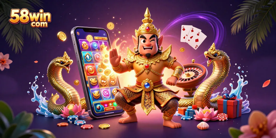 Experience dynamic gaming with 58win com's vibrant 3D illustration showcasing slot action and festive elements.