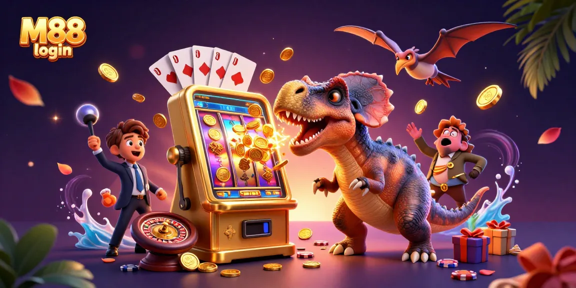 Experience the excitement of M88 login with a cartoon dinosaur winning jackpots in a vibrant casino setting.
